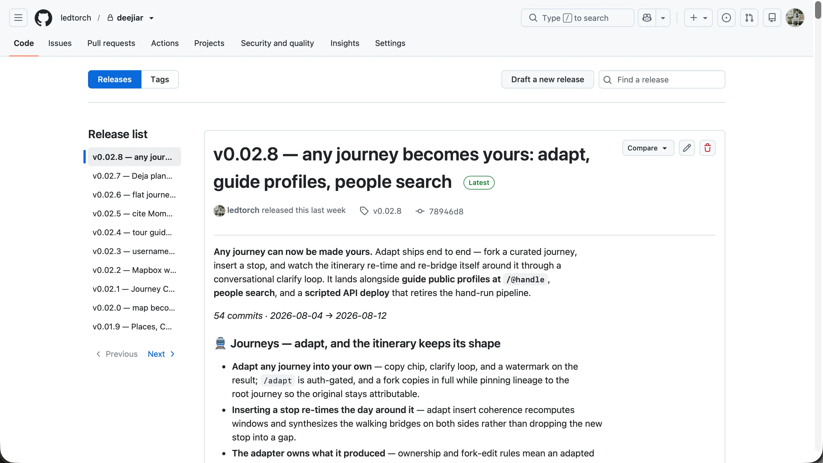 GitHub release notes for v0.02.8 — any journey becomes yours: adapt, guide profiles, people search — 54 commits