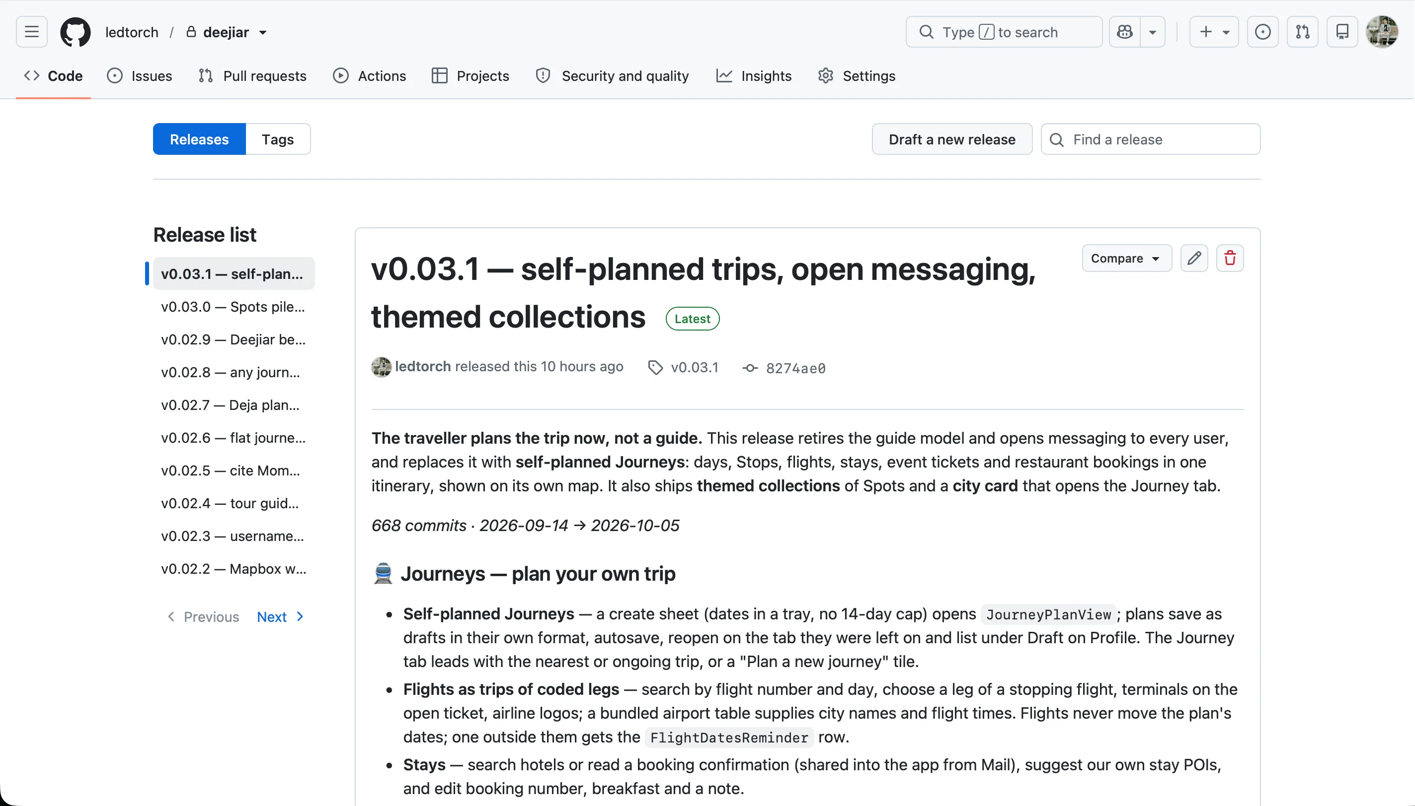 GitHub release notes for v0.03.1 — self-planned trips, open messaging, themed collections: the release that retires the guide model, 668 commits